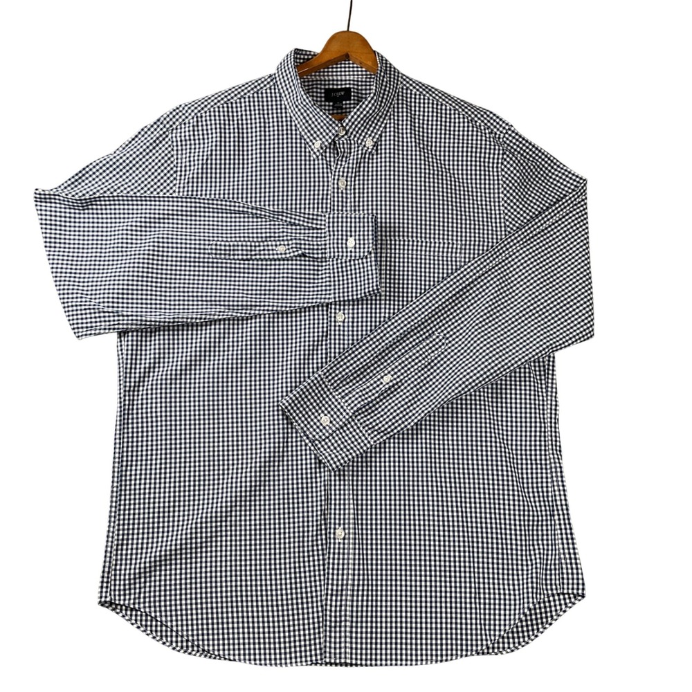 J.Crew Button Down Shirt Mens XL Navy Blue Gingham Plaid Cotton Long Sleeve